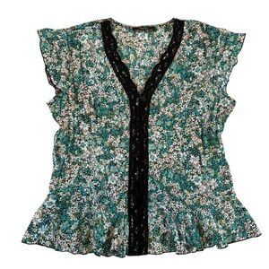 Boho Floral Peplum Blouse Black Lace Trim Cottagecore Y2K Top